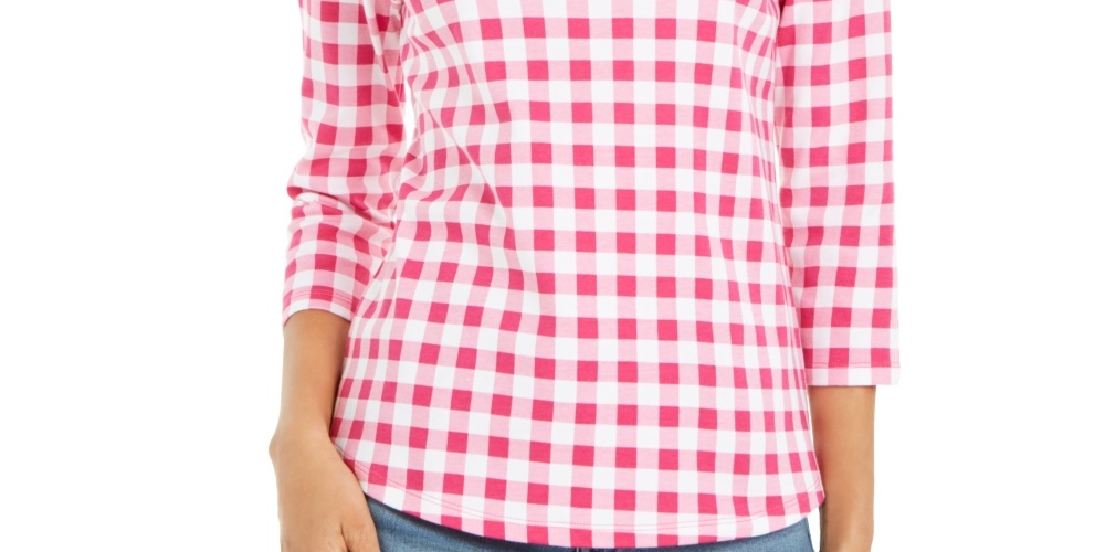 Charter Club Women's Cotton Gingham Print Boat Neck Top Pink Size Small