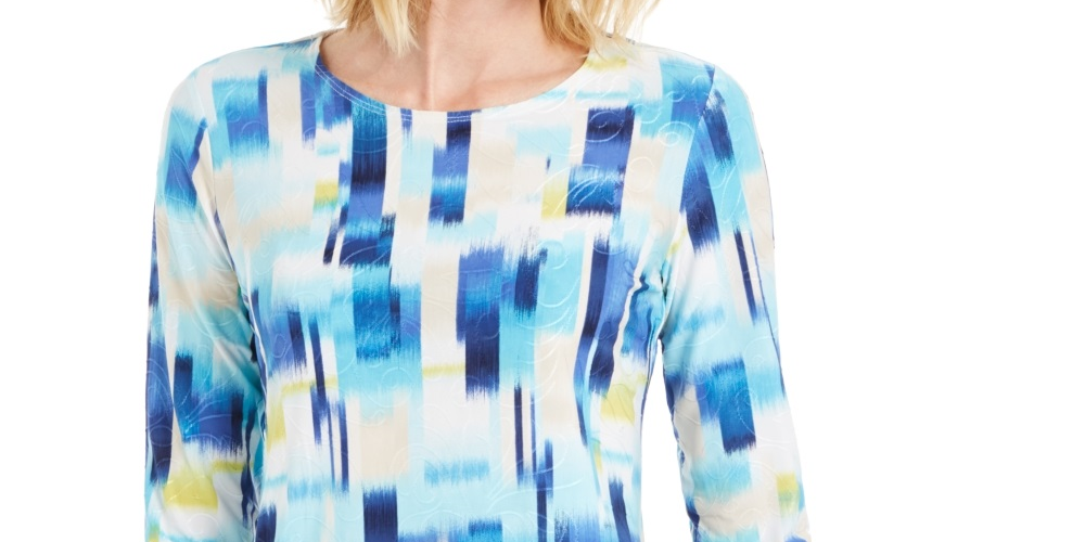 JM Collection Women's Printed 3/4 Sleeve Jacquard Top Blue Size Small