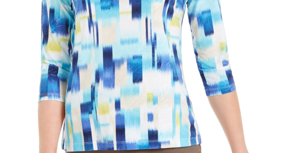 JM Collection Women's Printed 3/4 Sleeve Jacquard Top Blue Size Small