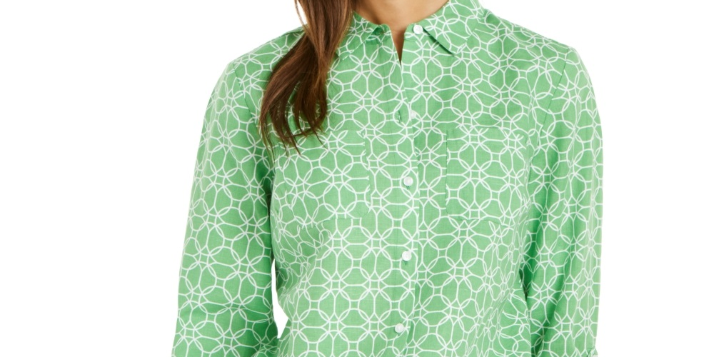 Charter Club Women's Printed Tab Sleeve Shirt Green Size XX-Large
