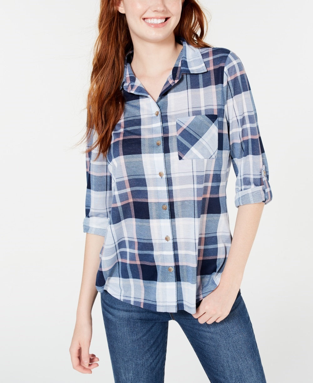 Polly & Esther Juniors' Plaid Roll-Tab Shirt Blue Multi Size Small