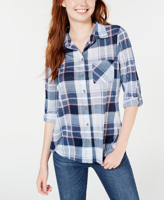 Polly & Esther Juniors' Plaid Roll-Tab Shirt Blue Multi Size Small