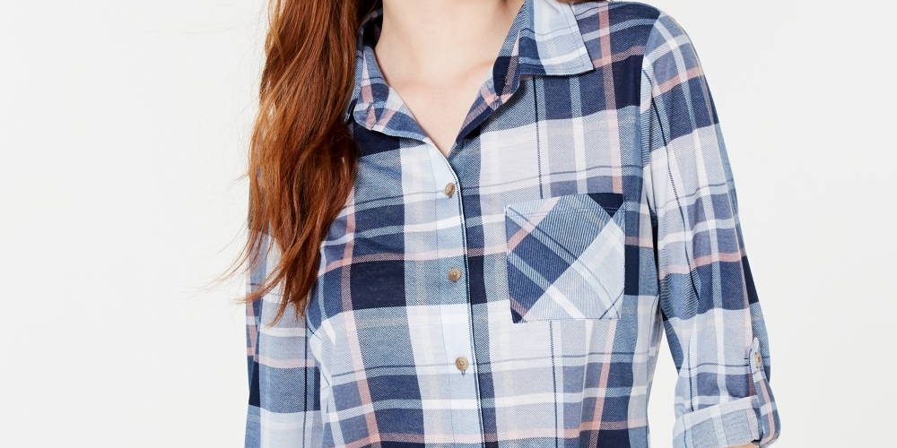 Polly & Esther Juniors' Plaid Roll-Tab Shirt Blue Multi Size Small