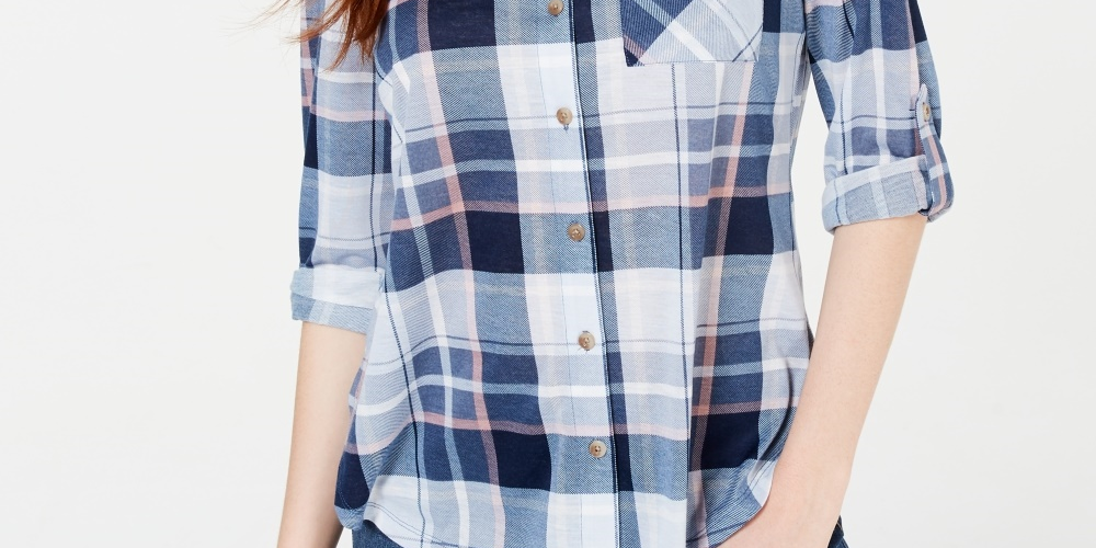 Polly & Esther Juniors' Plaid Roll-Tab Shirt Blue Multi Size Small