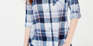 Polly & Esther Juniors' Plaid Roll-Tab Shirt Blue Multi Size Small