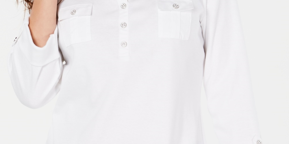 Karen Scott Women's  3/4-Sleeve Woven Shirt  White Size Large