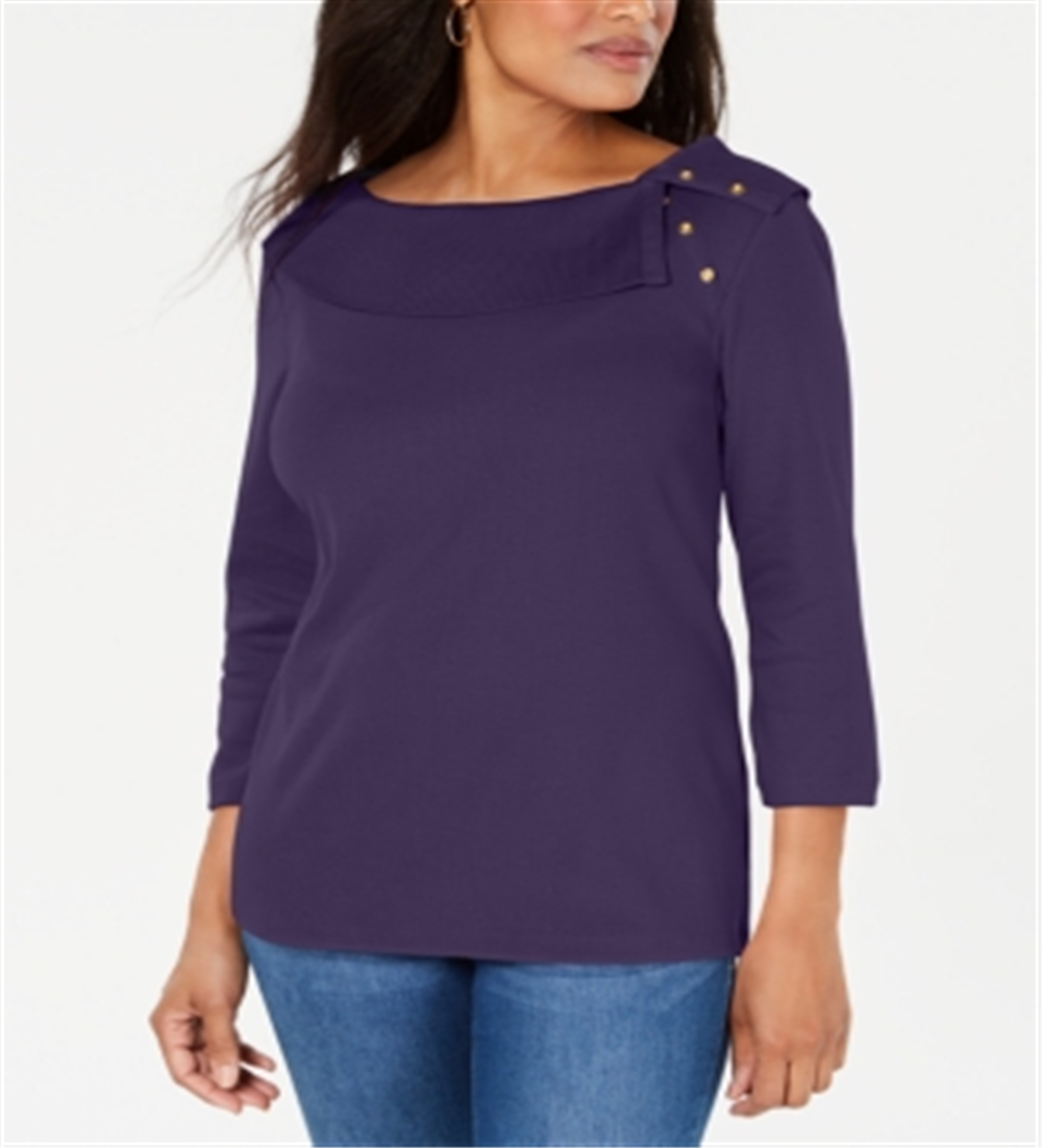 Karen Scott Women's Cotton Shawl Collar Button Top Purple Size Large