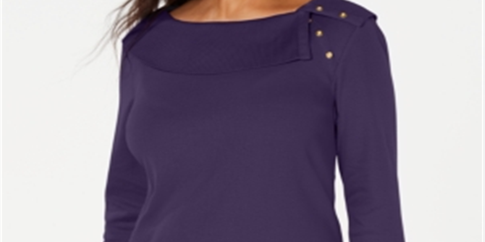 Karen Scott Women's Cotton Shawl Collar Button Top Purple Size Large