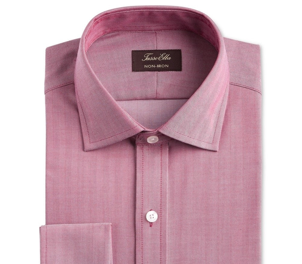 Tasso Elba Men's Classic/Regular-Fit Non-Iron Supima Cotton Herringbone Solid French Cuff Dress Shirt Red Size 34-35