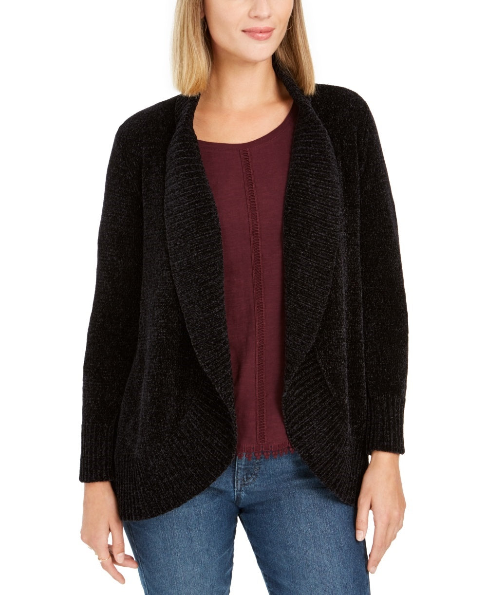 Style & Co Women's Petite Chenille Shawl-Collar Cardigan Black Size Petite Small