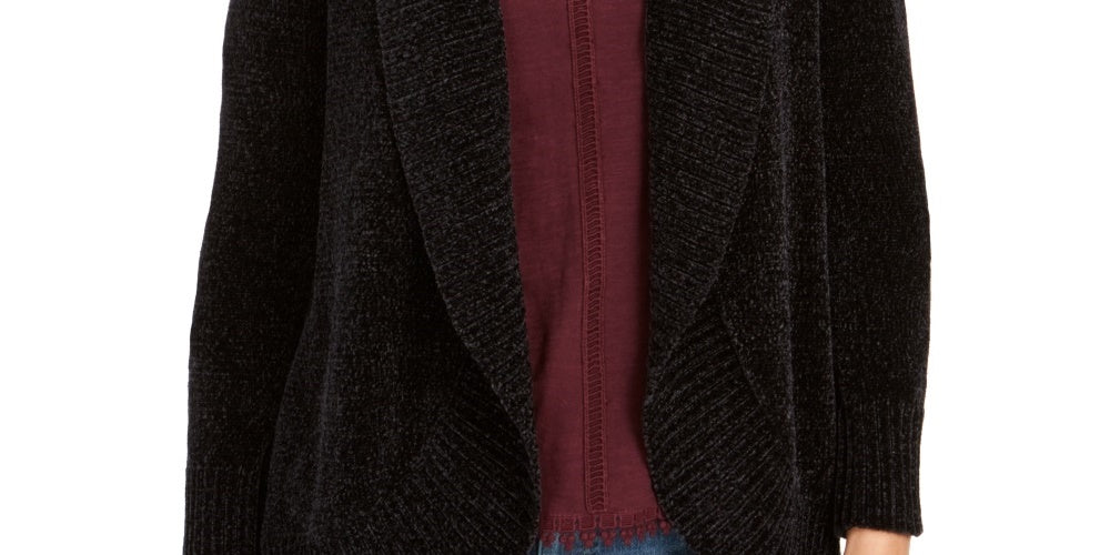 Style & Co Women's Petite Chenille Shawl-Collar Cardigan Black Size Petite Small