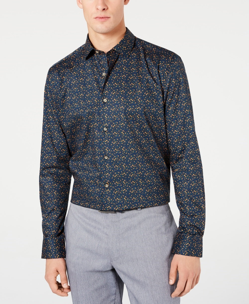 Bar III Men's Navy Easy Care Patterned Collared Slim Fit Cotton Dress Shirt Blue Size 16.5X32-33