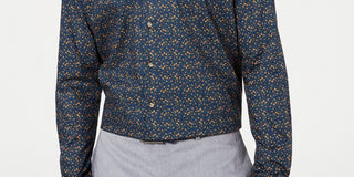 Bar III Men's Navy Easy Care Patterned Collared Slim Fit Cotton Dress Shirt Blue Size 16.5X32-33