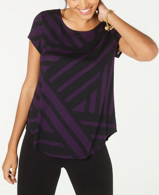 Alfani Women's Printed Round-Hem T-Shirt Purple Size Petite