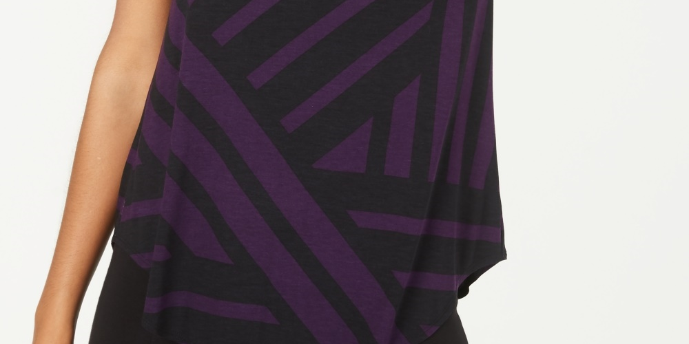 Alfani Women's Printed Round-Hem T-Shirt Purple Size Petite