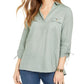 Charter Club Women's Woven Drawstring Tie-Cuff Top  Green Size Large