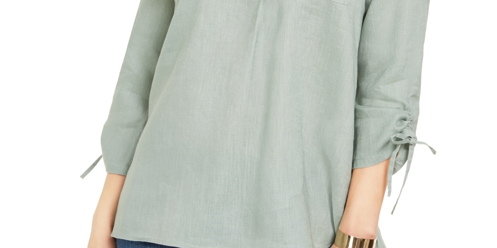 Charter Club Women's Woven Drawstring Tie-Cuff Top  Green Size Large