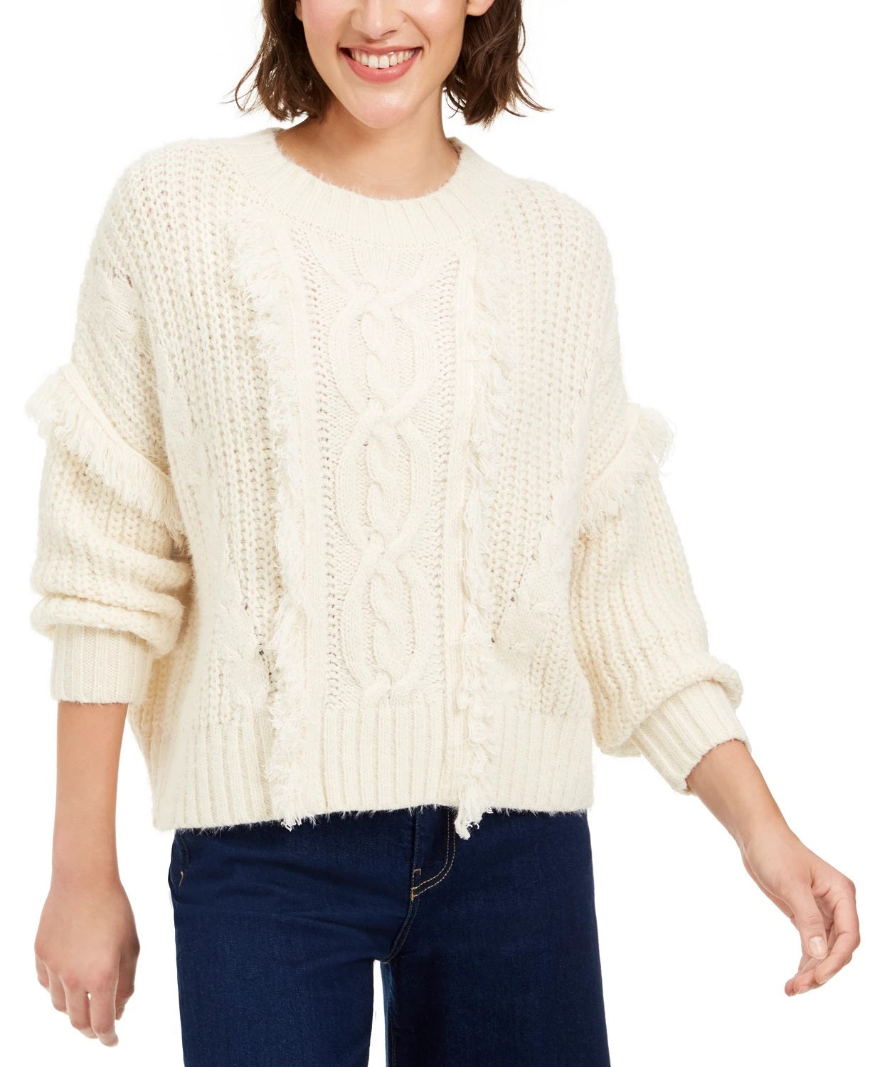 Sage The Label Women's Ivory Long Sleeve Jewel Neck Sweater Beige Size Medium