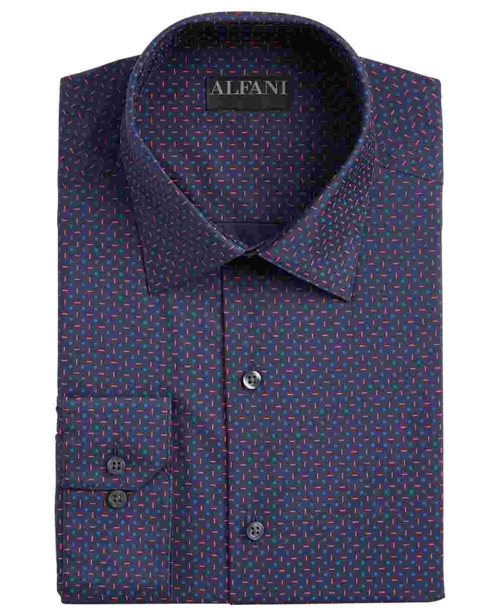 Alfani Men's Printed Collared Slim Fit Stretch Dress Shirt Navy Size 16.5X32-33