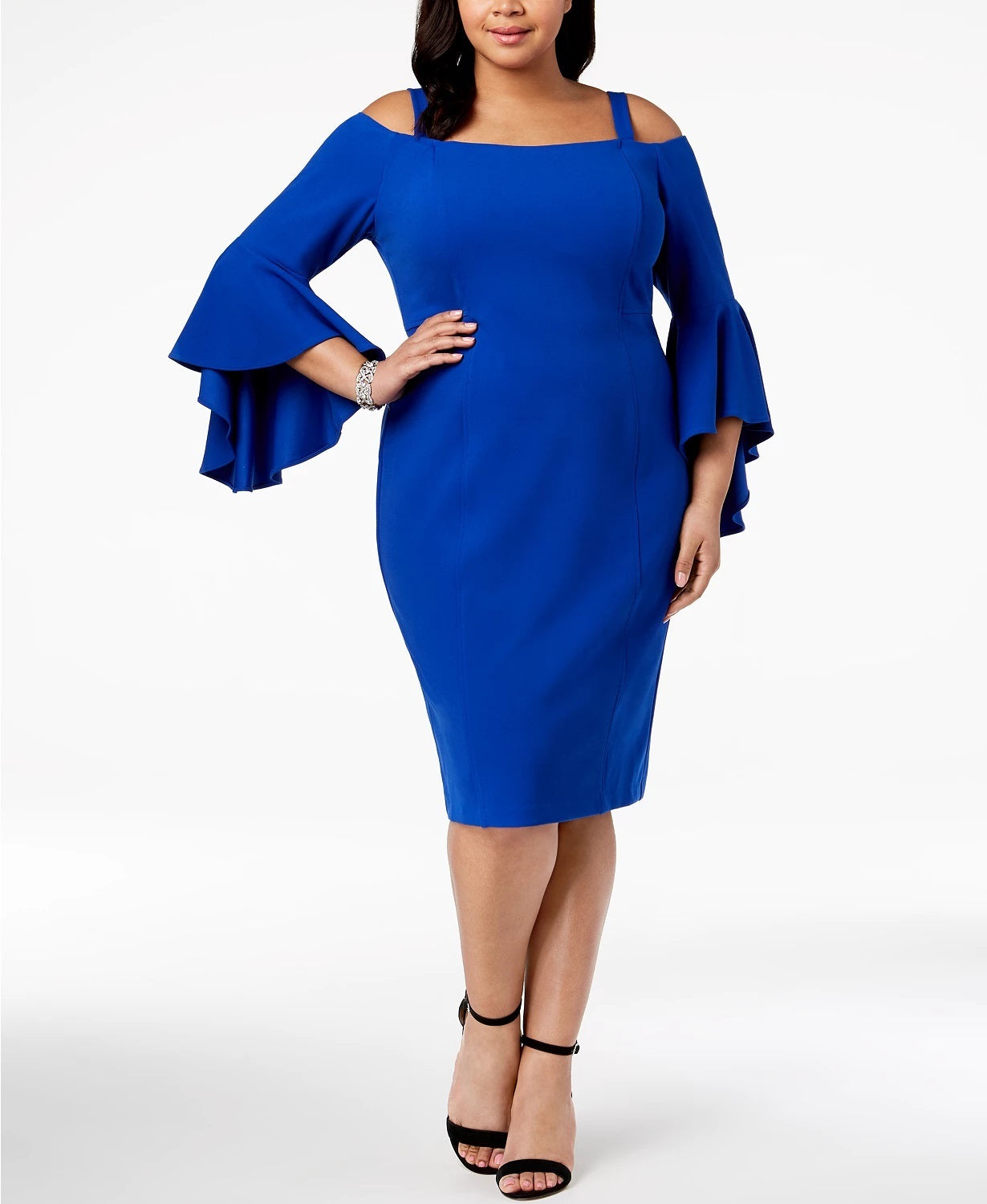 R & M Richards Women's Plus Off-The-Shoulder Flared-Sleeve Dress Blue Size 18W