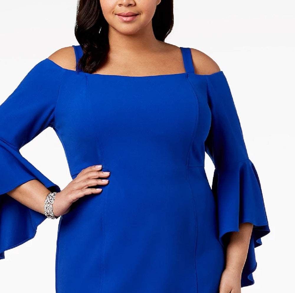 R & M Richards Women's Plus Off-The-Shoulder Flared-Sleeve Dress Blue Size 18W