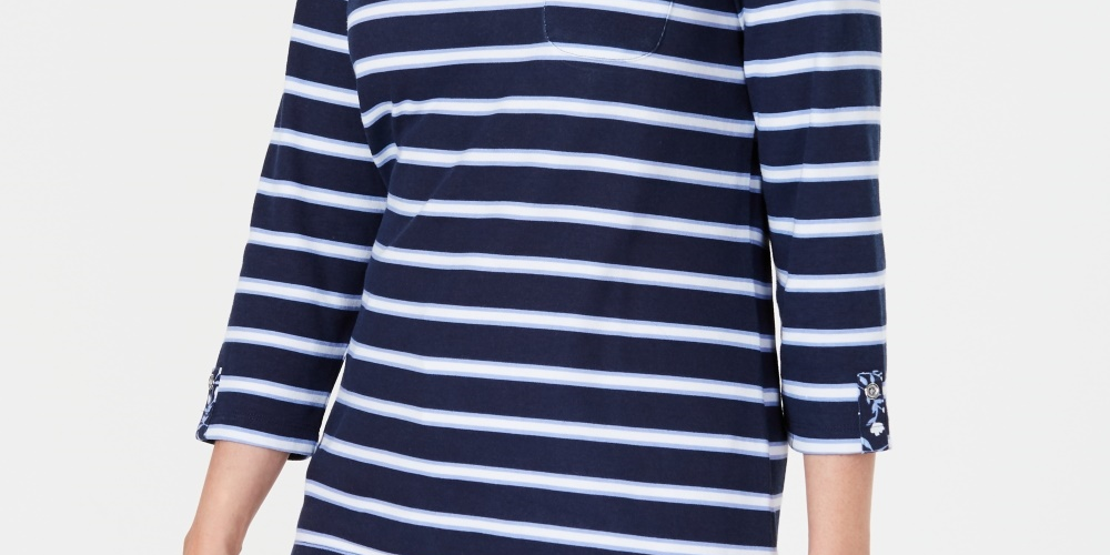 Karen Scott Women's Petite Ditsy Floral & Striped Pocket Top Navy Petite Small