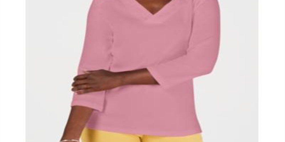 Karen Scott Women's Eyelet V Neck Cotton Top Pink Size Petite XL