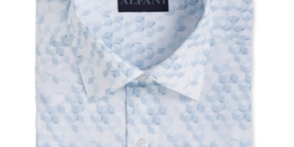 Alfani Men's Classic Light Geometic Print Dress Shirt Blue Size 14X14