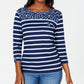 Karen Scott Women's Sport Floral Yoke Striped Top Blue Size Small