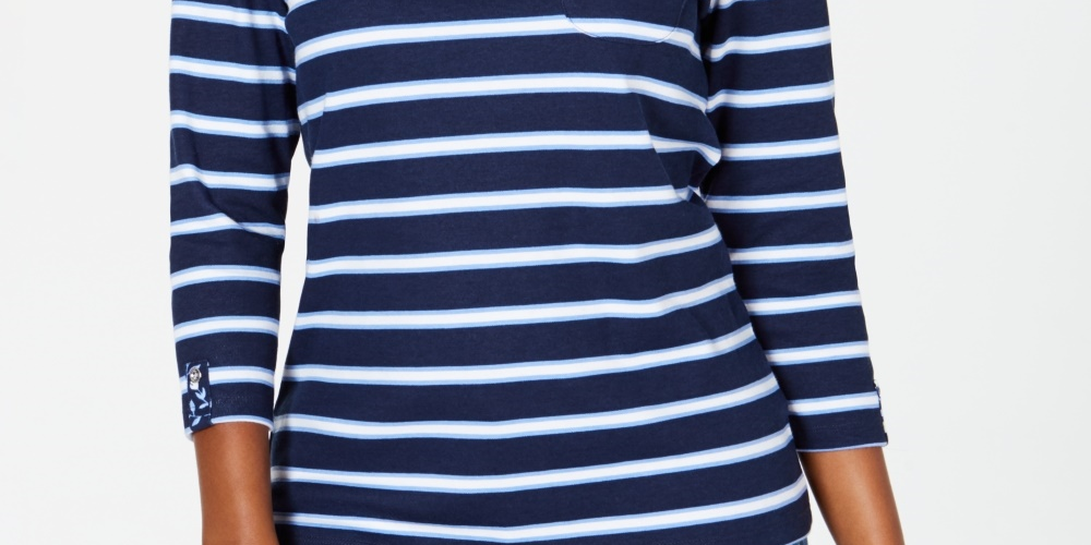Karen Scott Women's Sport Floral Yoke Striped Top Blue Size Small