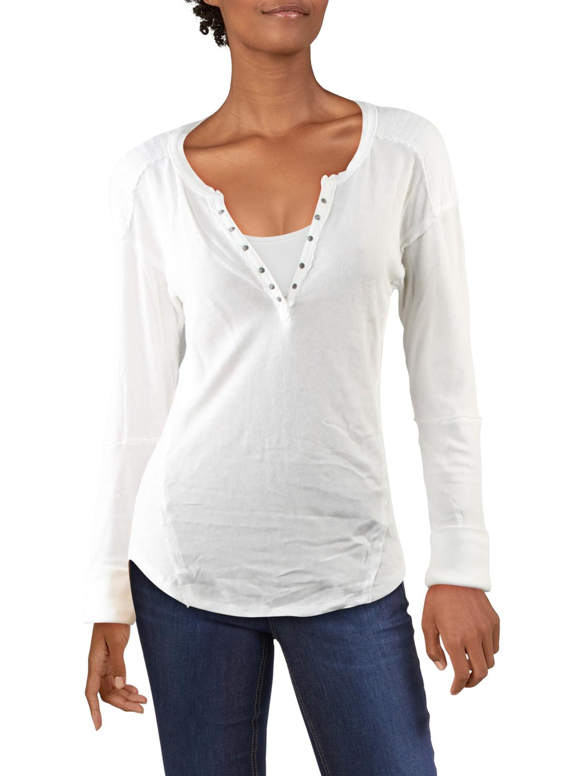 Free People Women's Military Mix Cotton Studded Henley Top White Size Medium
