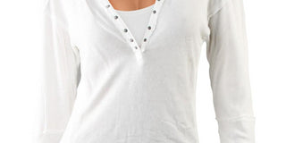 Free People Women's Military Mix Cotton Studded Henley Top White Size Medium