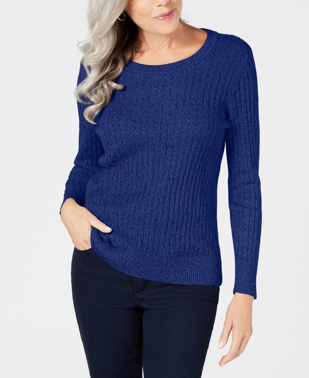 Karen Scott Women's Marled Cotton Cable Knit Sweater Blue Size Petite Small