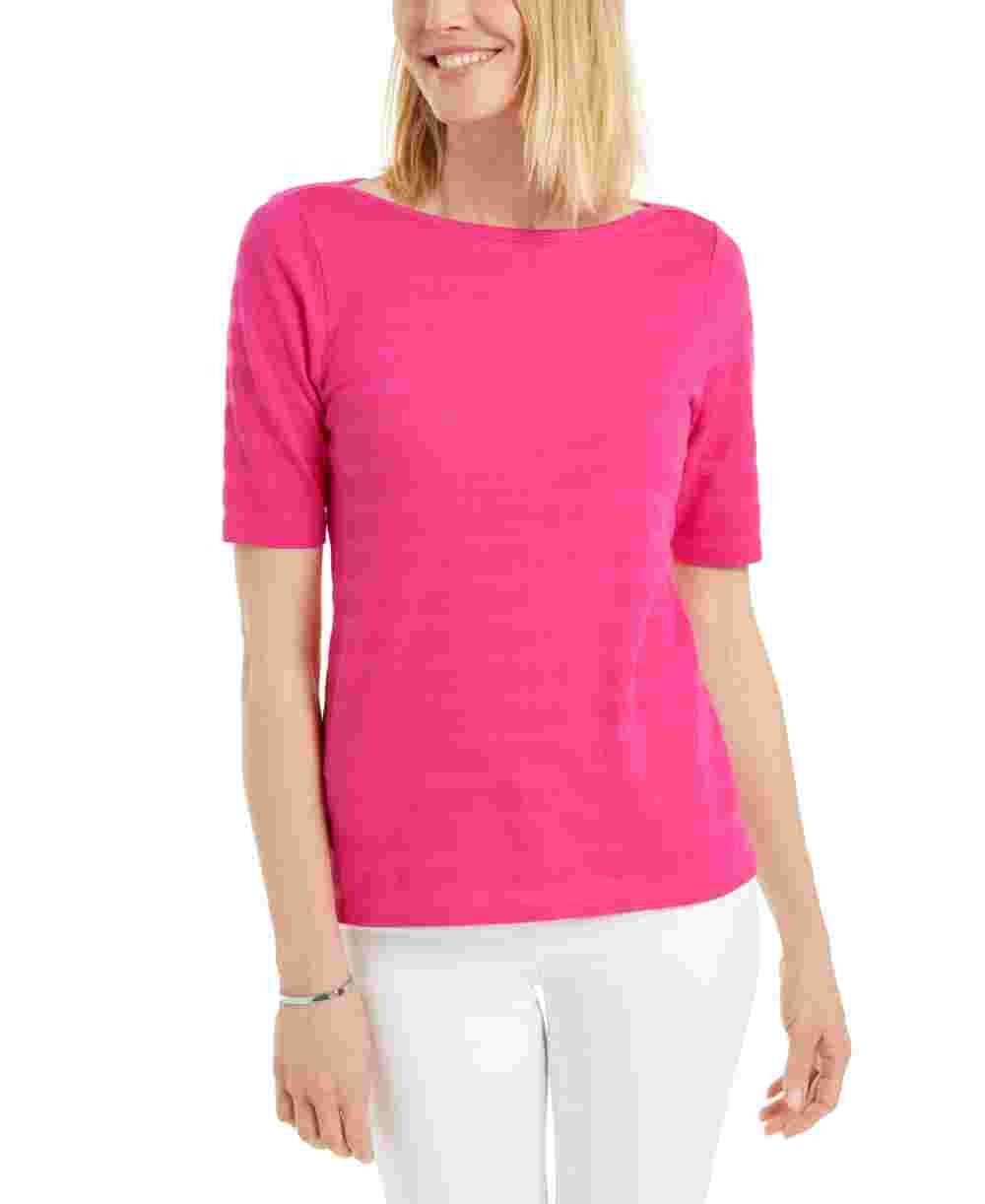 Charter Club Women's Cotton Texture Striped Elbow Sleeve Top Pink Size Medium