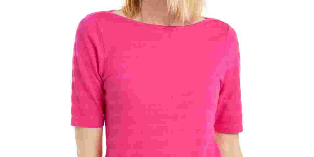 Charter Club Women's Cotton Texture Striped Elbow Sleeve Top Pink Size Medium