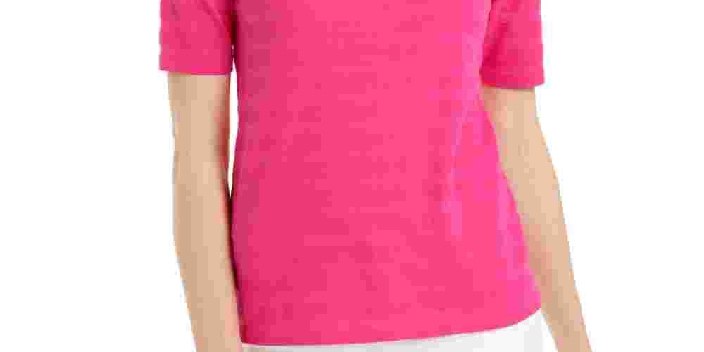 Charter Club Women's Cotton Texture Striped Elbow Sleeve Top Pink Size Medium