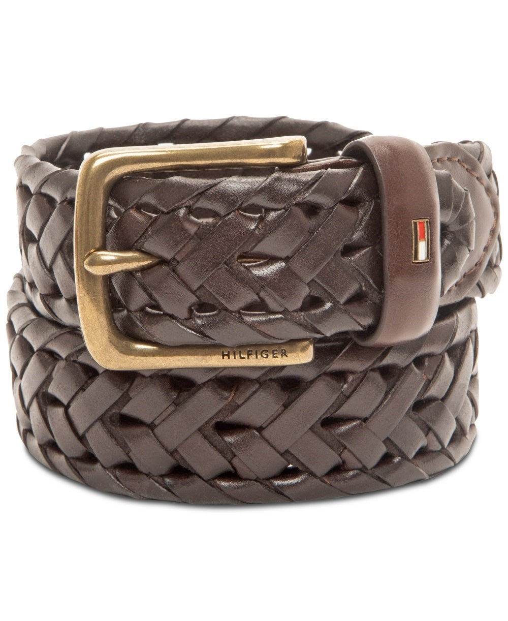 Tommy Hilfiger Men's Faux Leather Braided Casual Belt Brown Size Medium