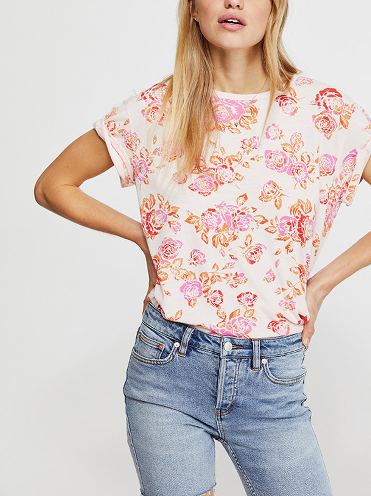 Free People Women's Tourist Floral Print Short Sleeve T-Shirt Pink Size Large