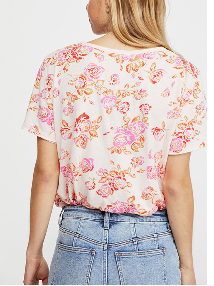 Free People Women's Tourist Floral Print Short Sleeve T-Shirt Pink Size Large