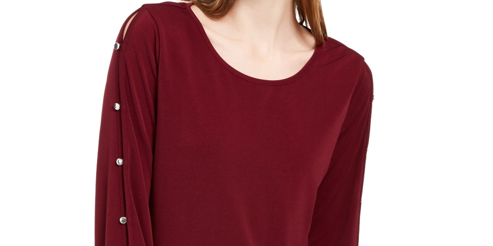 NY Collection Women's Split Sleeve Top Red Size Petite Medium