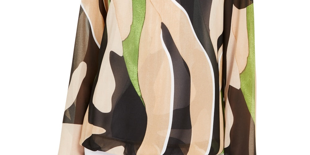 Alfani Women's Blouse Bubble Hem Printed Beige Size Small