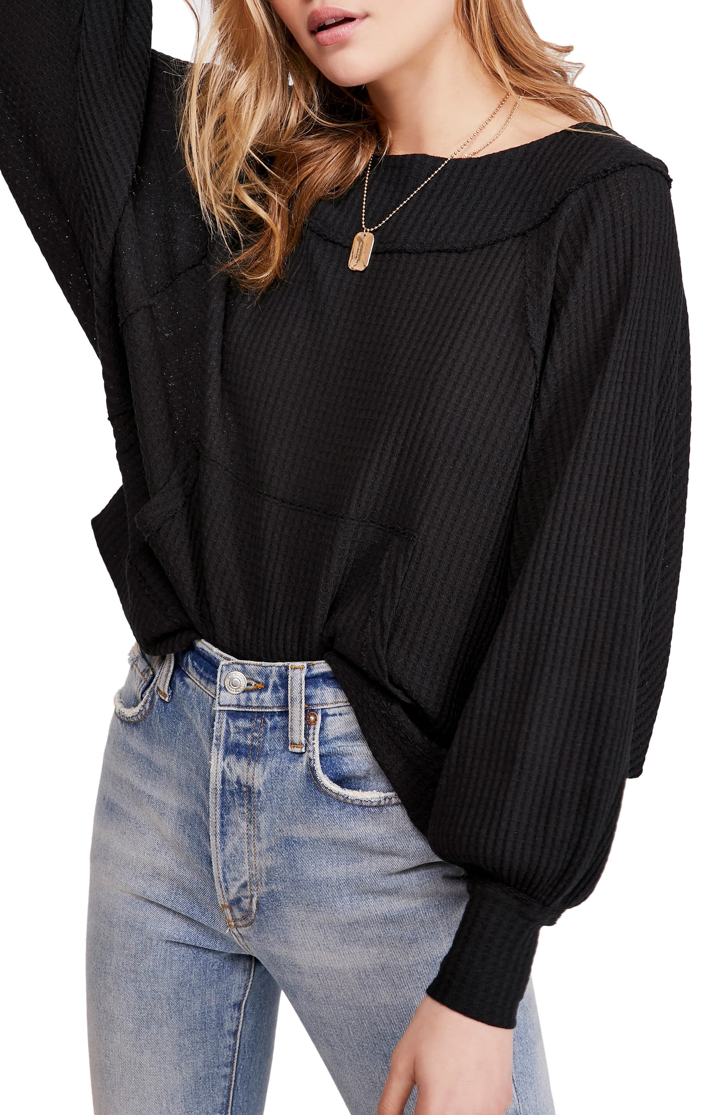 Free People Women's Knit Westend Thermal Black Top Size Medium