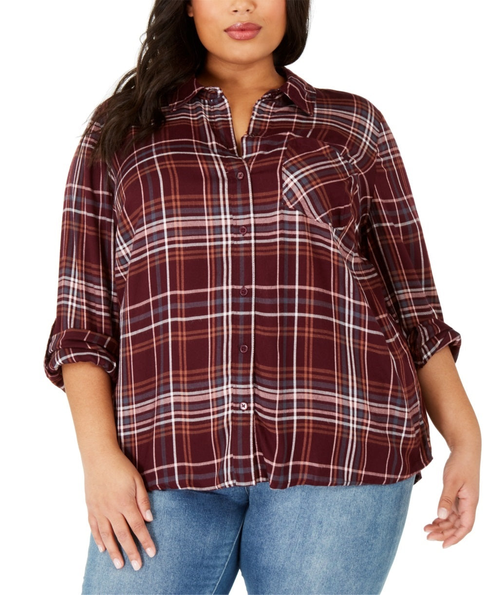 Style & Co Women's Plus Plaid Utility Shirt Purple Size 0X
