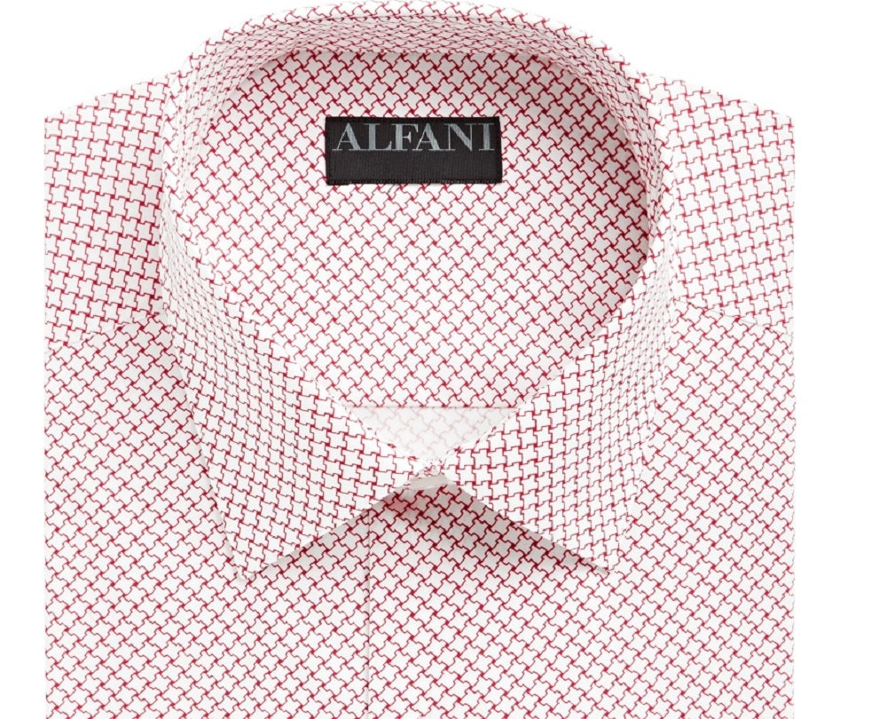 AlfaTech by Alfani Men's Geometric Collared Slim Fit Performance Stretch Dress Shirt White Size 17/17.5- 36/37