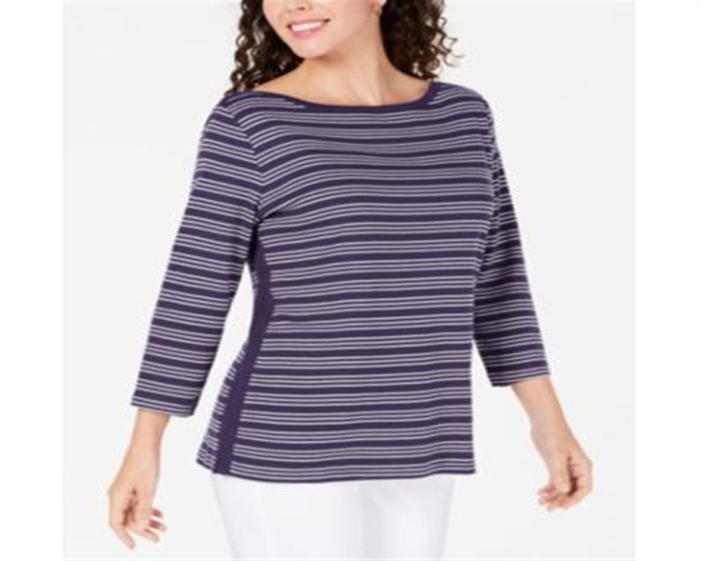 Karen Scott Women's Cotton Striped Vented Hem Top Purple Size Large