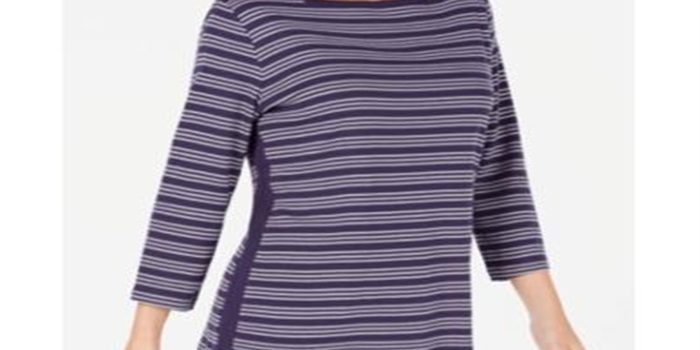 Karen Scott Women's Cotton Striped Vented Hem Top Purple Size Large