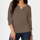 Karen Scott Women's Solid 3/4 Sleeve Henley Top Brown Size Medium