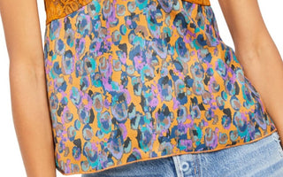 Free People Women's Lace Printed Spaghetti Strap V Neck Tank Top Gold Size X-Small