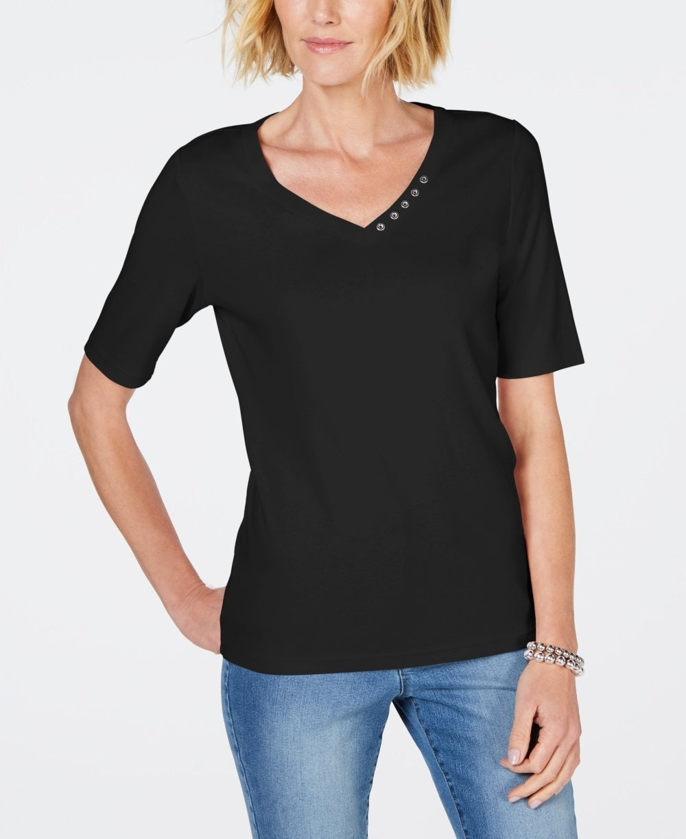 Karen Scott Women's Cotton Rhinestone Neck T-Shirt  Black Size Medium