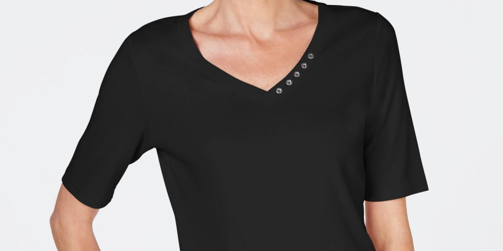 Karen Scott Women's Cotton Rhinestone Neck T-Shirt  Black Size Medium